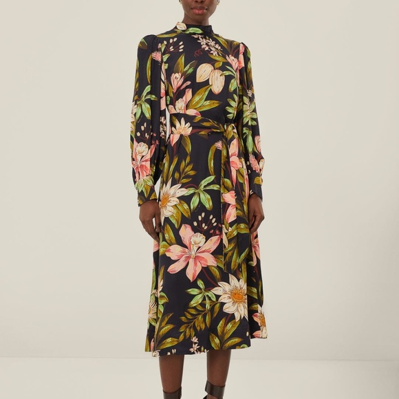 Farm Rio Black Surreal Flowers High Neck Midi Dress sz XXS NWT $260 - Picture 4 of 11